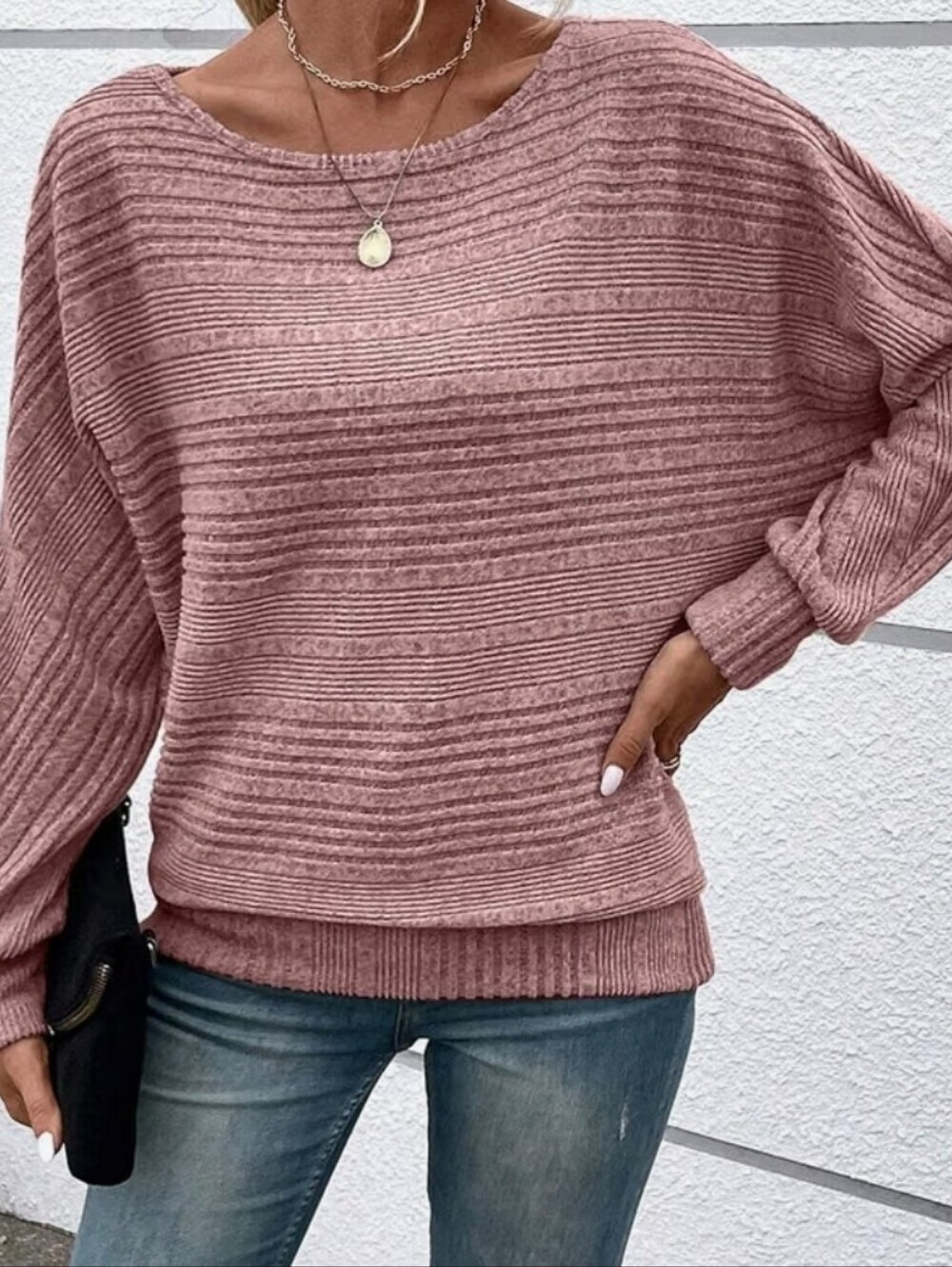 Pink Heather Soft Lightweight Knit Sweater Crew Neck Batwing Sleeve,